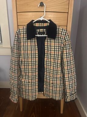 Talbots Plaid Quilted Shirt Jacket in Beige, Navy and Orange